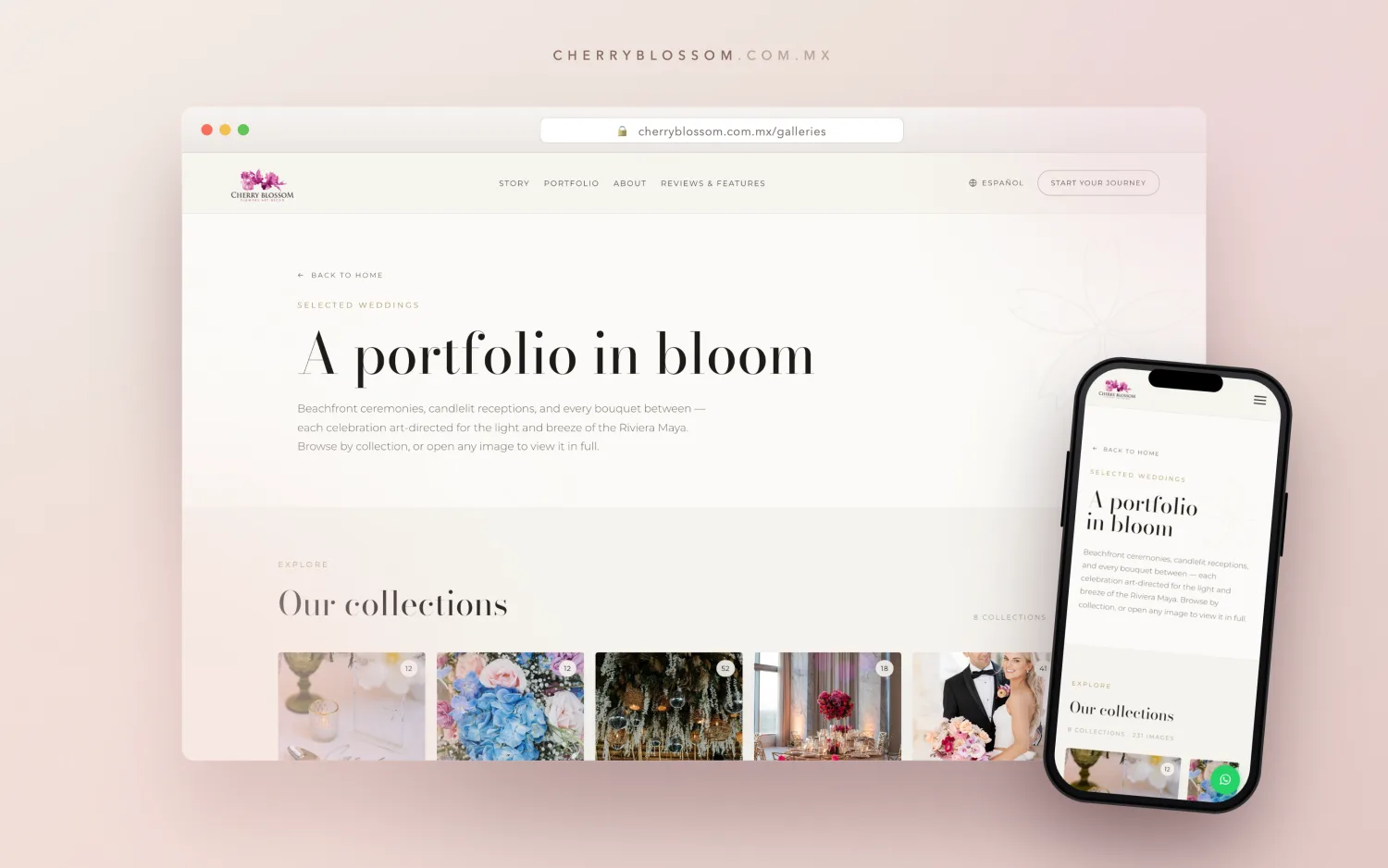 Cherry Blossom galleries page in a browser with a phone alongside