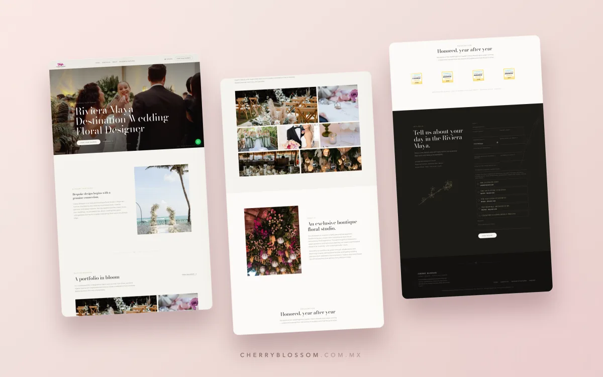 Full-length view of the Cherry Blossom homepage from hero to inquiry