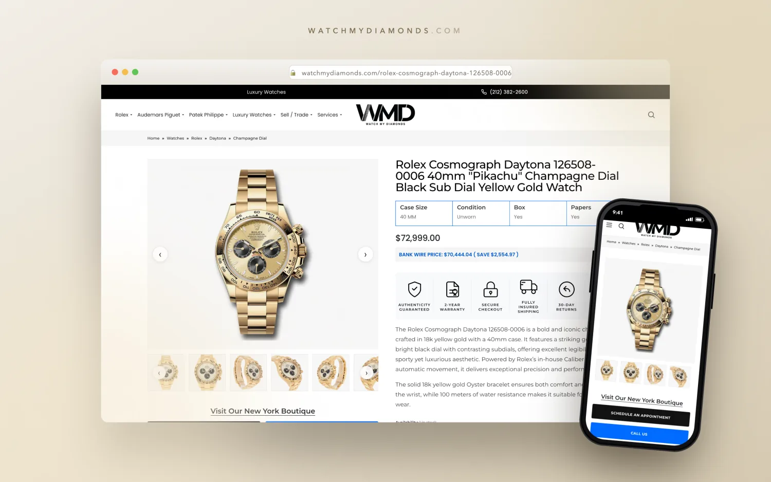 Watch My Diamonds product page for a Rolex Daytona in a browser with a phone alongside