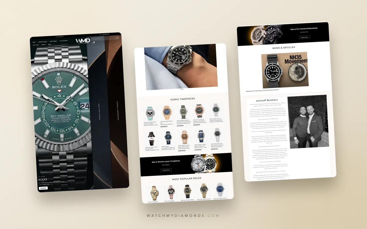 Full-length view of the Watch My Diamonds homepage from hero to footer