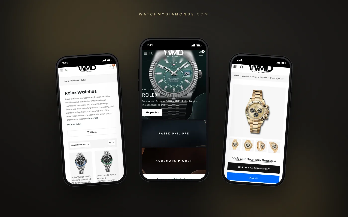 Rolex collection, homepage, and product pages on iPhone