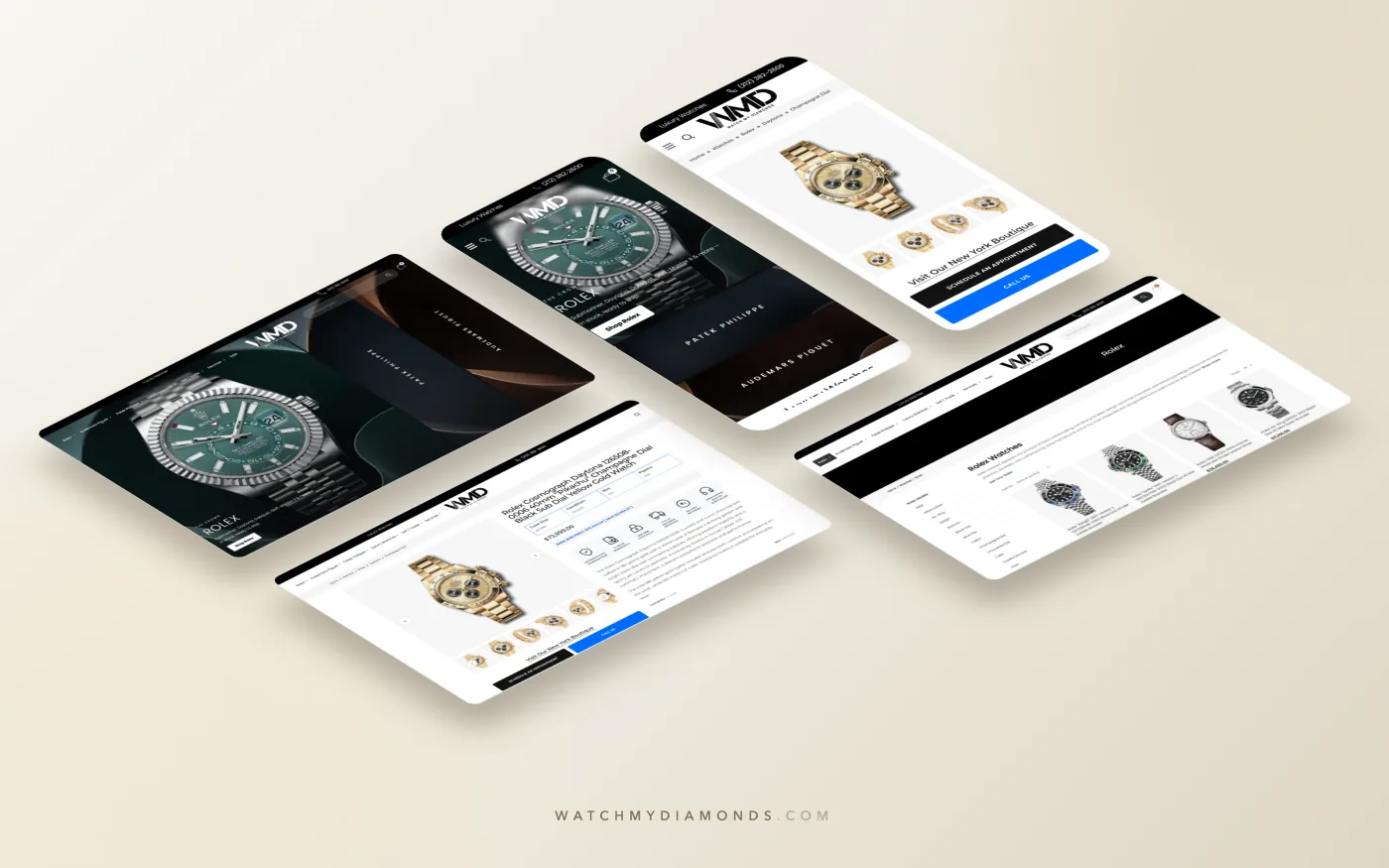 Isometric view of Watch My Diamonds pages across multiple devices