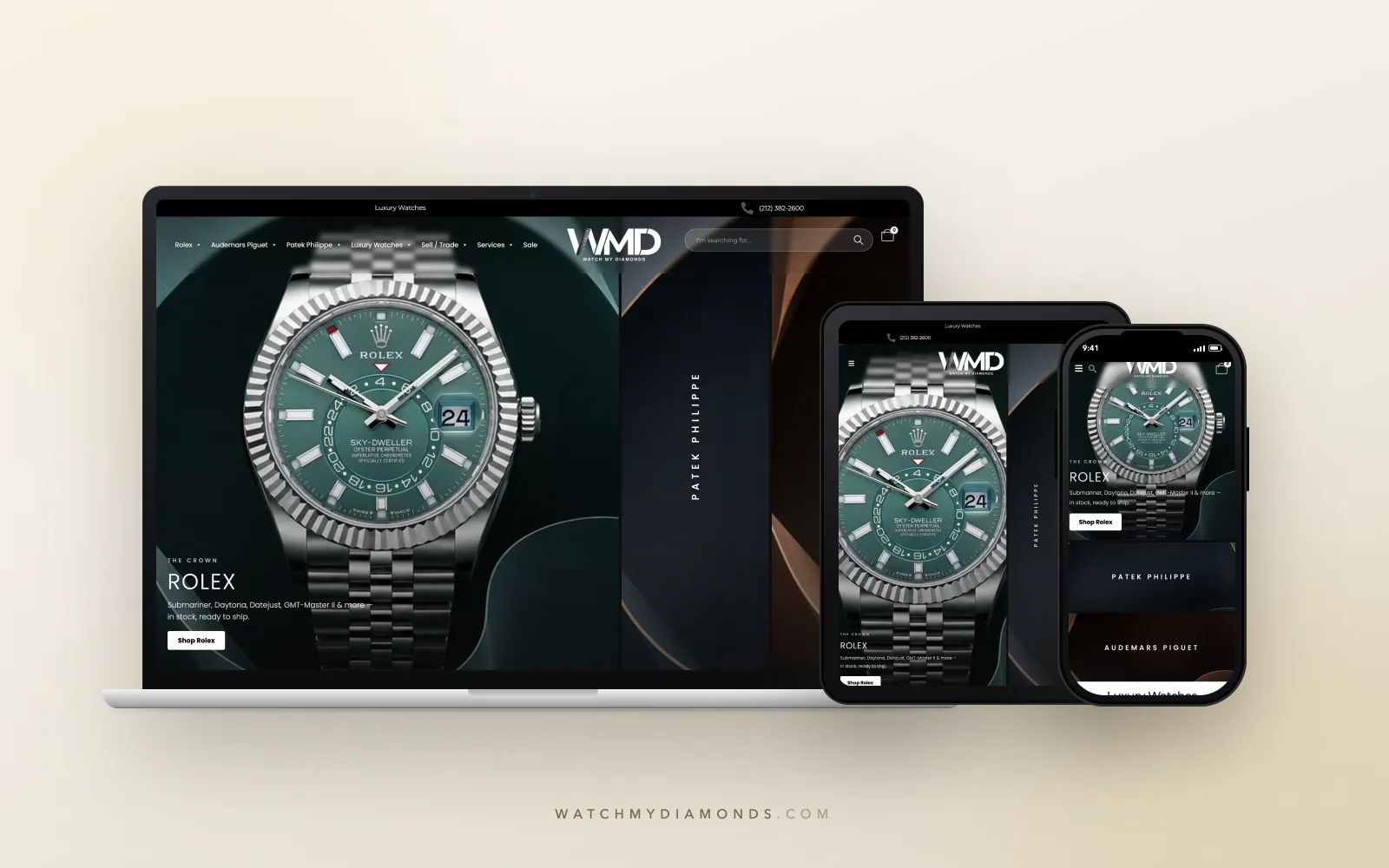 Watch My Diamonds store shown on desktop, tablet, and phone