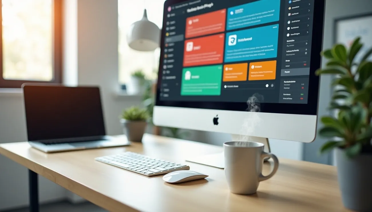 Modern workspace with an iMac displaying WordPress plugins, a laptop, keyboard, mouse, and a steaming coffee mug on the desk.