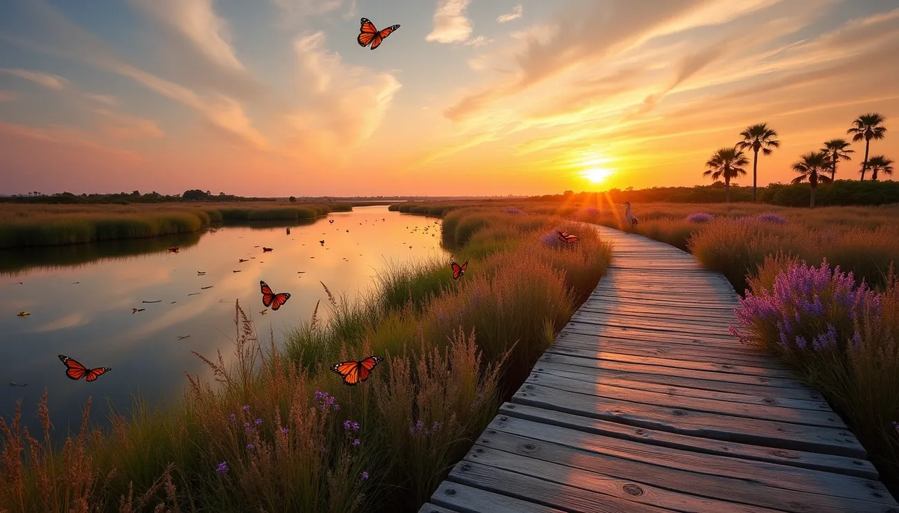 Sunset over a Rio Grande Valley wetland with butterflies, a wooden boardwalk, and palm trees in view.