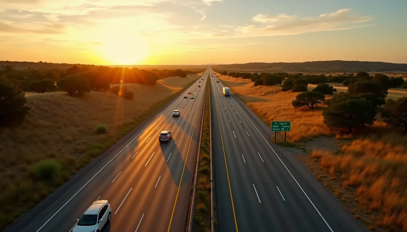Long highway stretching into the sunset with cars driving through a golden grassy landscape and scattered trees.