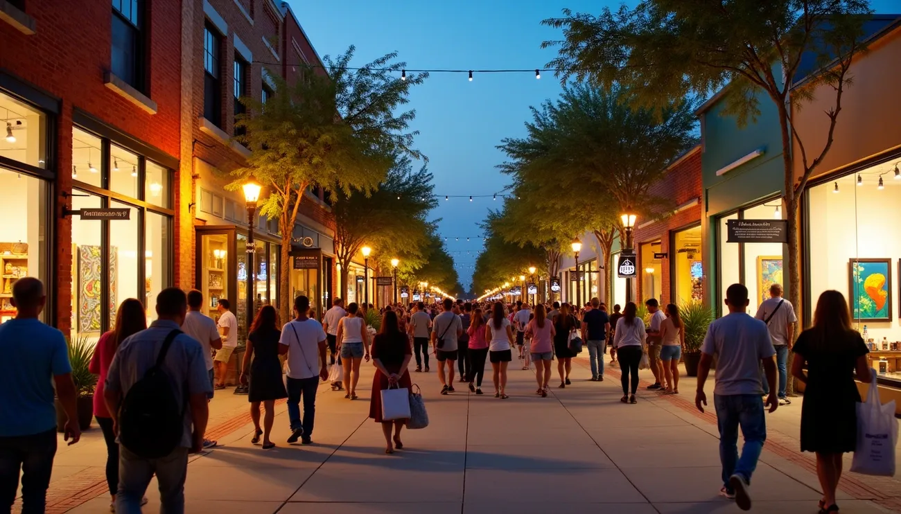 Evening crowd strolls along a tree-lined, well-lit street with art galleries in McAllen, Texas Art Walk event.