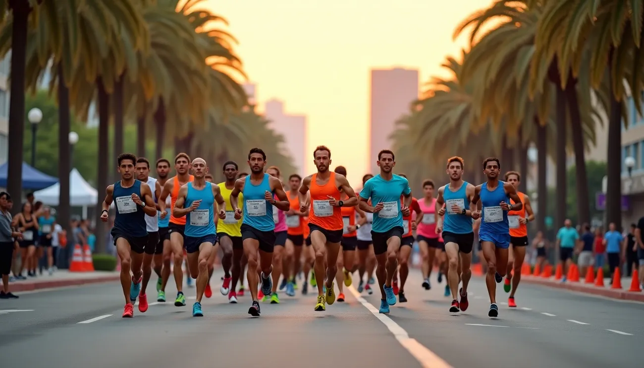 Runners competing in the McAllen Marathon on a palm-lined city street at sunrise with spectators watching.