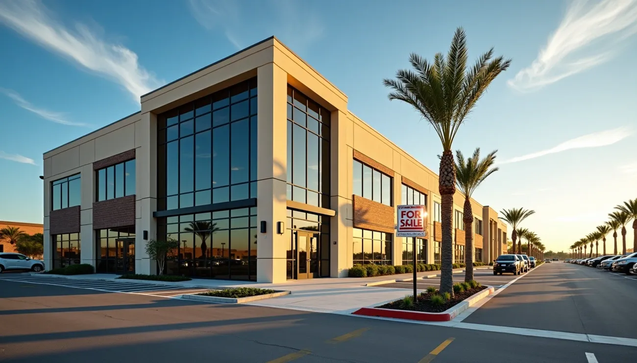 Modern commercial building with large windows and palm trees, featuring a 'For Sale' sign in McAllen, TX at sunset.