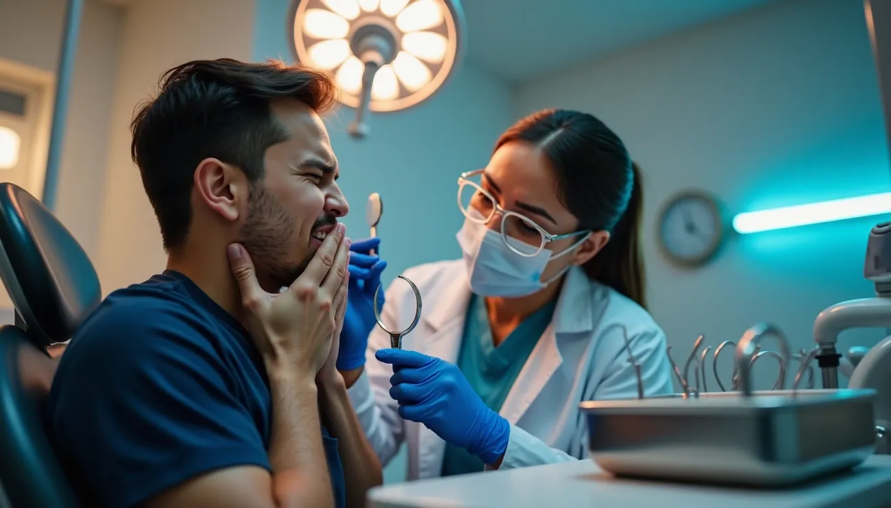 A patient holding his jaw in pain while a dentist wearing gloves prepares dental tools in a clinic setting.